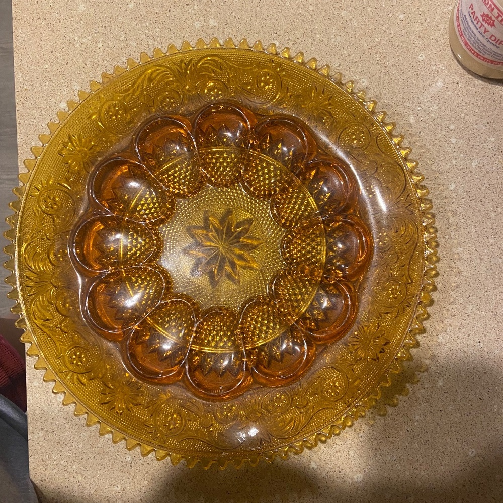 Indiana Tiara Sandwich Glass Amber Devilled Egg Platter 12"